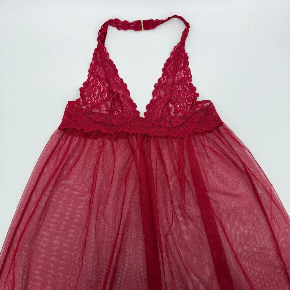 Victoria's Secret Red Sexy Mesh Lace Babydoll Halter Slip‎ Nightie Sz S